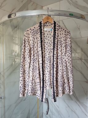 Beige  Pattern Open Cardigan with Blue Trim